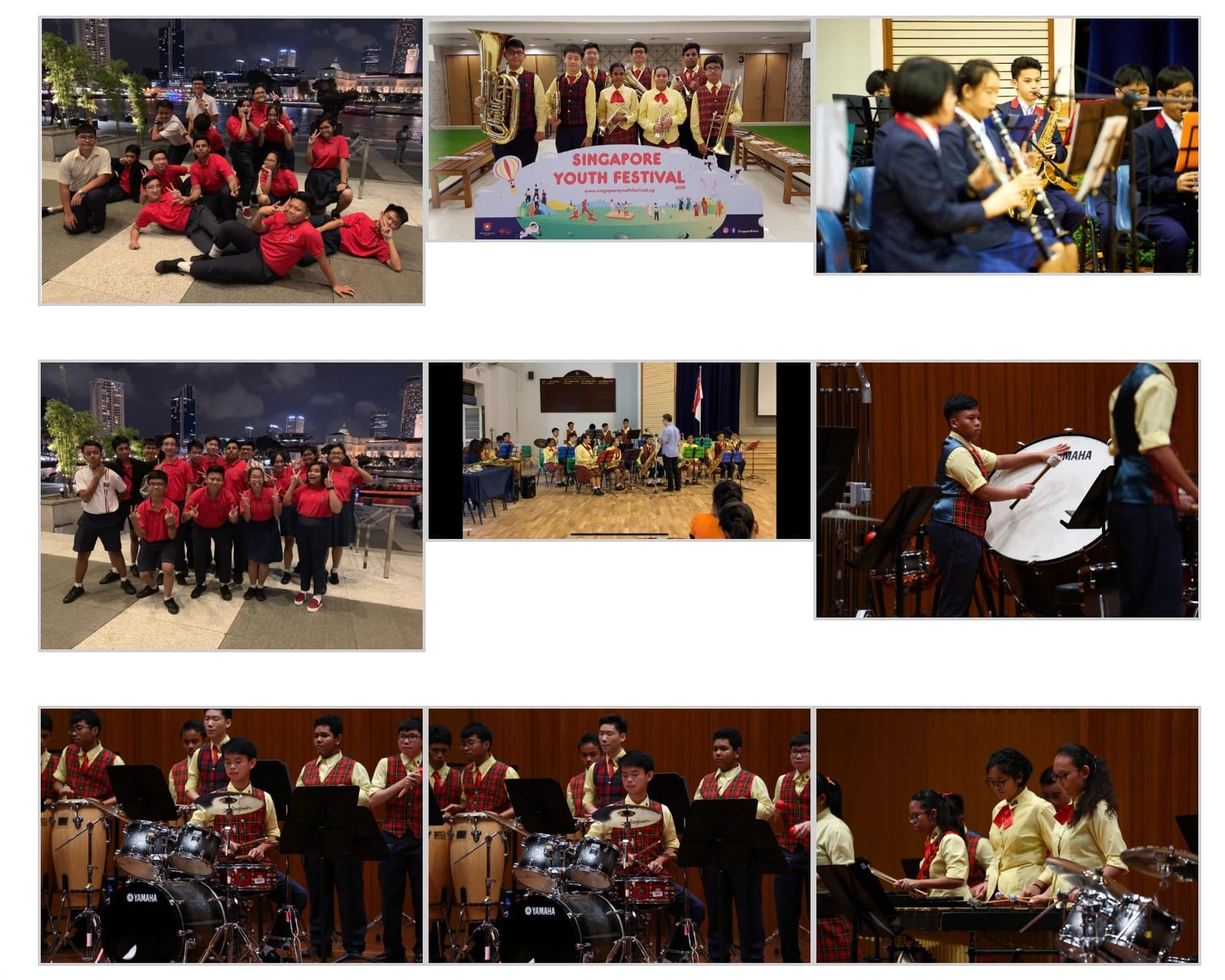 Students in uniform performing and posing at the Singapore Youth Festival, playing drums, brass, and woodwind instruments.